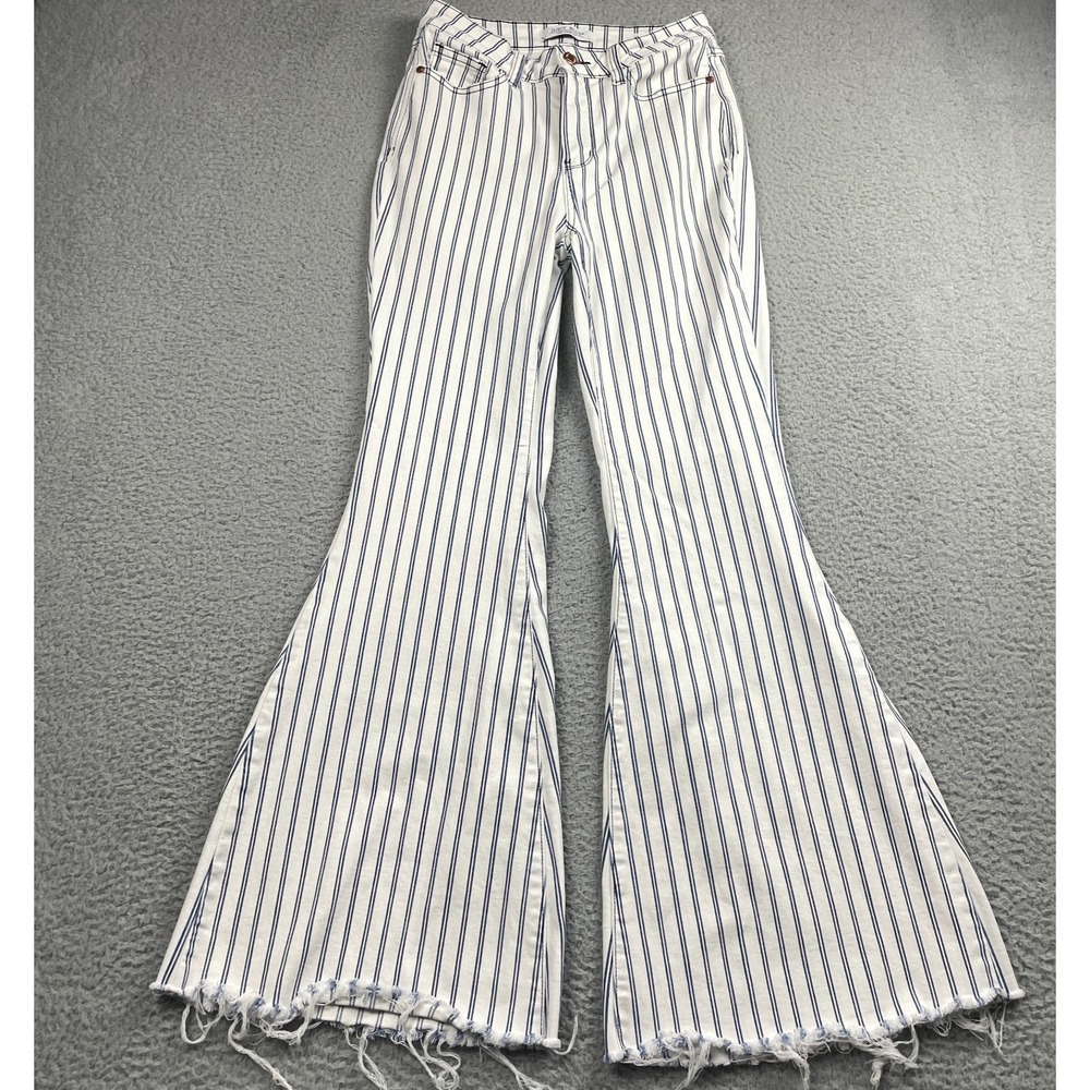 Judy Blue Jeans Womens 5/27 White Blue High Rise Super Flare Striped Denim